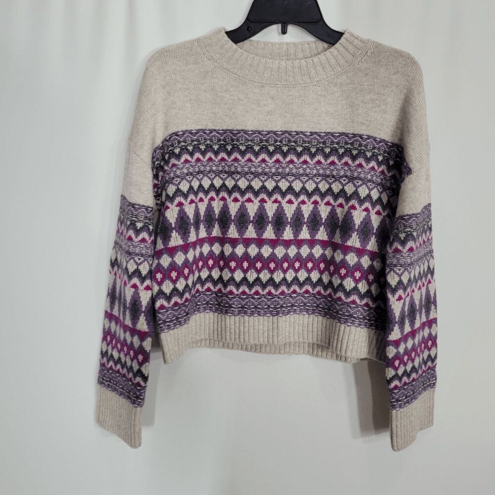 Harper Lane Wilma Taupe Fair Isle Merino Wool Cashmere Crop Pullover Sweater XS